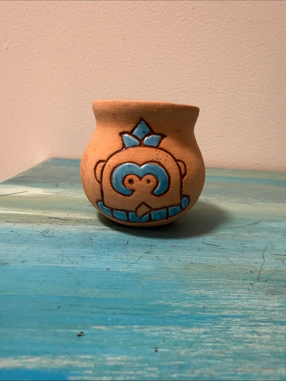 Vintage SP USA mini pottery vase turquoise monkey face southwestern 2 7/8”